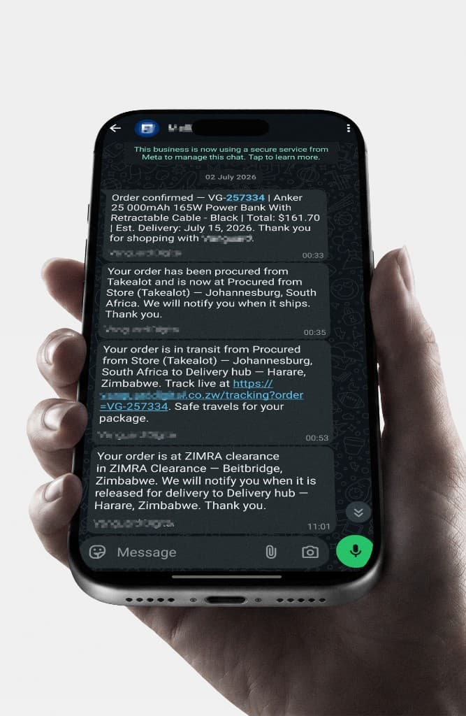 WhatsApp tracking updates for a Vanguard order
