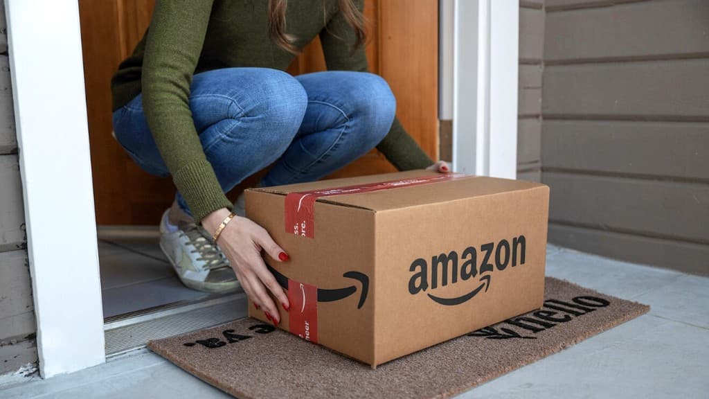 Person picking up an Amazon package at their doorstep