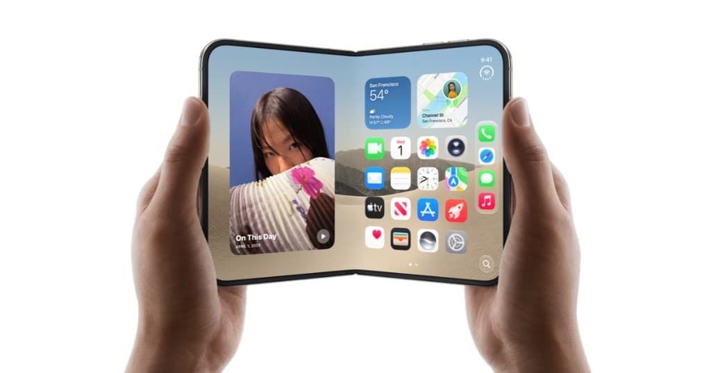 Foldable iPhone held open showing the iOS home screen