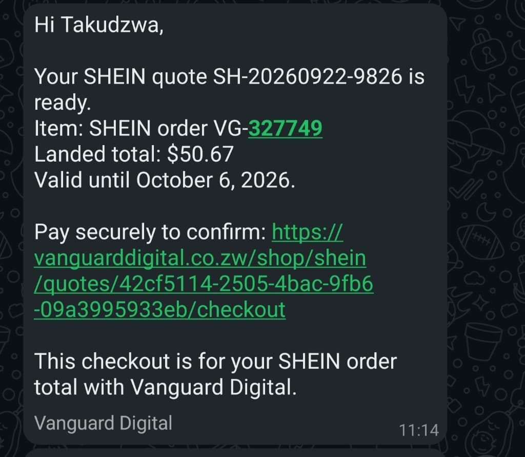 Vanguard Digital WhatsApp message with SHEIN landed quote total and checkout link