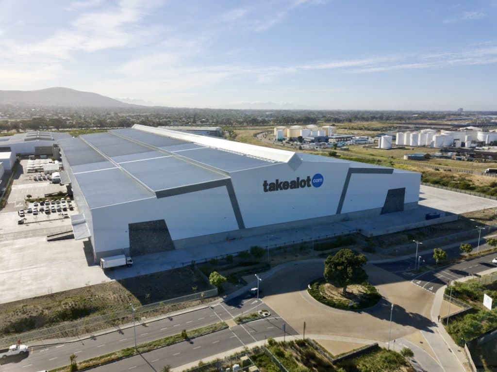 Aerial view of a large Takealot.com warehouse facility